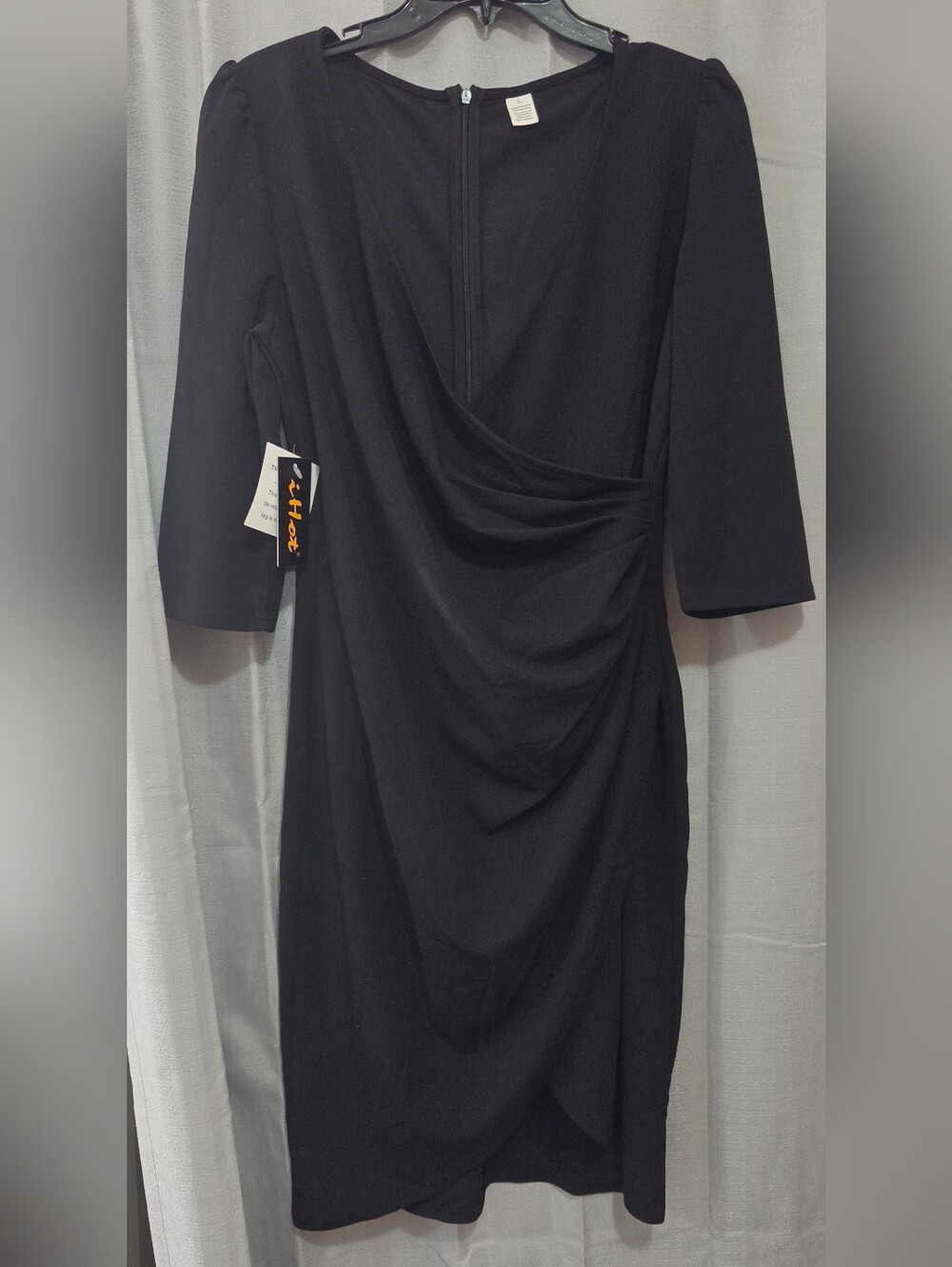 iHot Black Women's 3/4 Sleeve Wrap Front V Neck Knee Length Dress Large BNWT